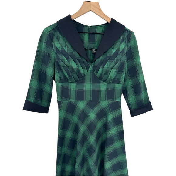 Voodoo Vixen Lola Retro Plaid Fit & Flare Midi Swing Dress -Green & Navy - Small - Picture 4 of 12